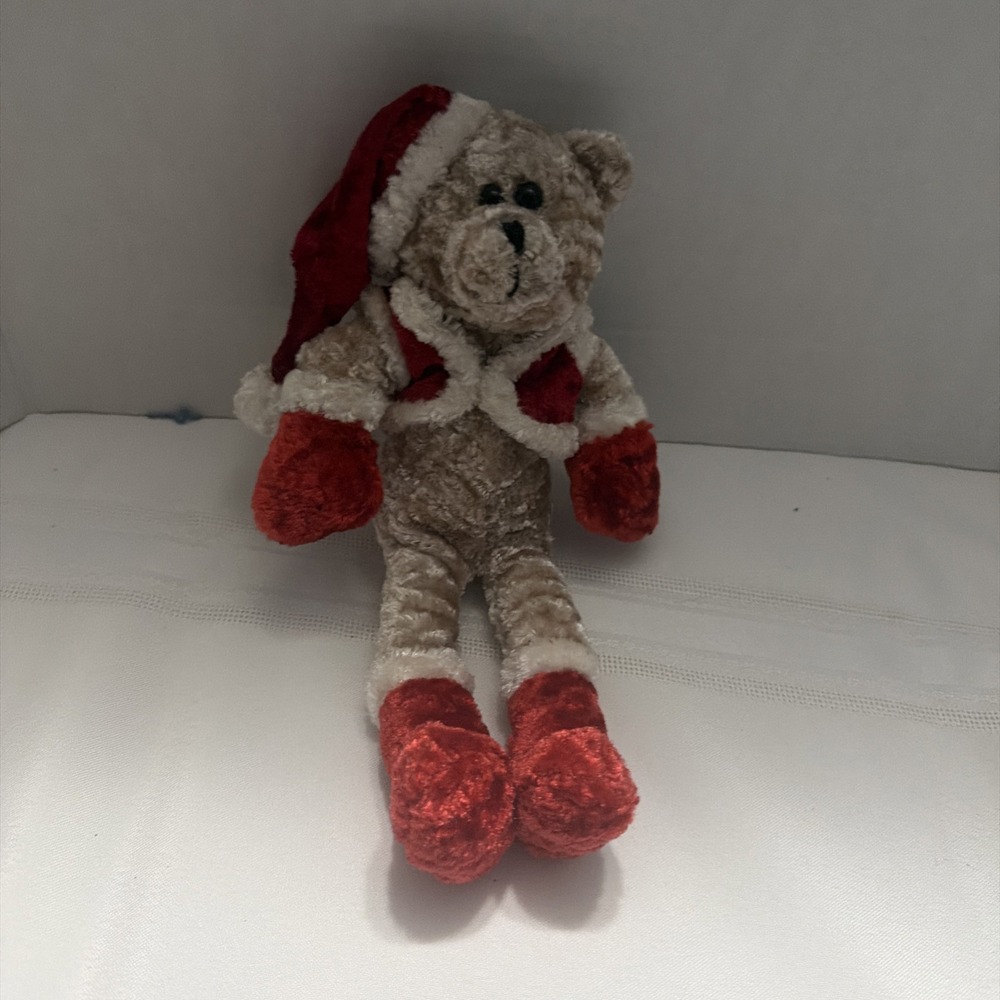 PBC International Christmas Santa Teddy Bear Plush Red Velvet Hat Mittens 10"